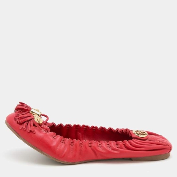 Tory Burch Red Leather Reese Tassel Scrunch Ballet Flats Size 38 - Picture 5 of 5